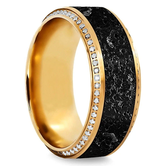 10k Yellow Gold Men's Wedding Band with Lava Rock Inlay & Diamonds
