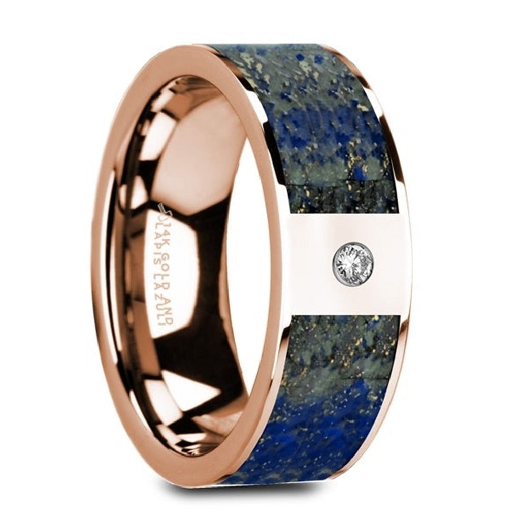 14k Gold Men's Wedding Band with Blue Lapis Lazuli Inlay & Diamond