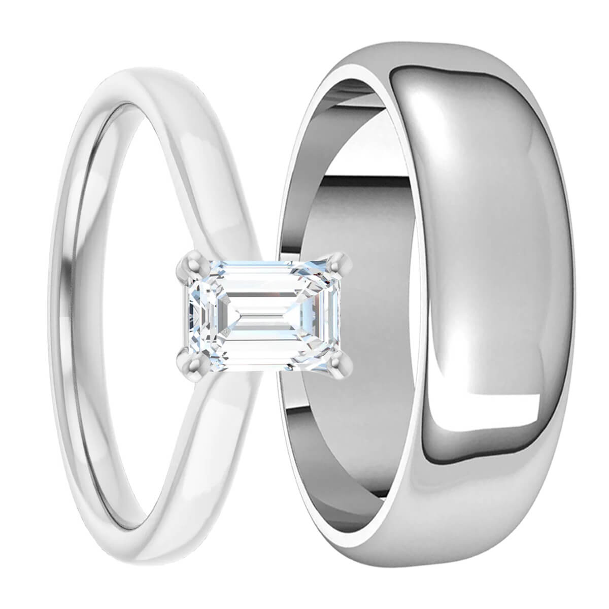 Ensemble d'alliances assorties pour couple en or blanc 14 carats et diamants taille émeraude créés en laboratoire