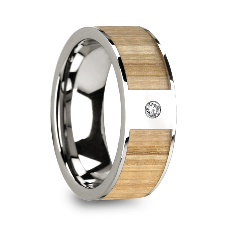 14k Gold Men's Wedding Band with Ash Wood Inlay & Diamond