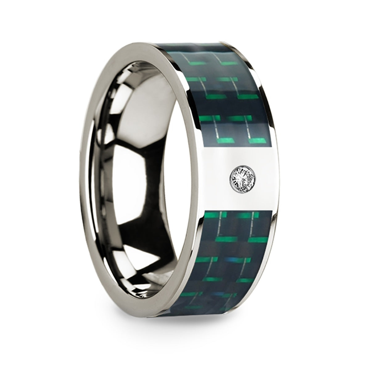 14k White Gold Men's Wedding Band with Black & Green Carbon Fiber Inlay and Diamond