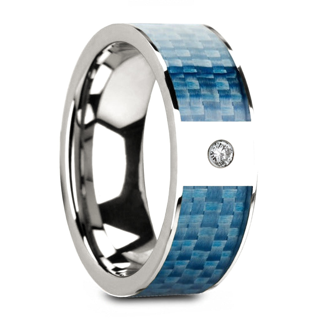 14k Gold Men's Wedding Band with Blue Carbon Fiber Inlay & Diamond