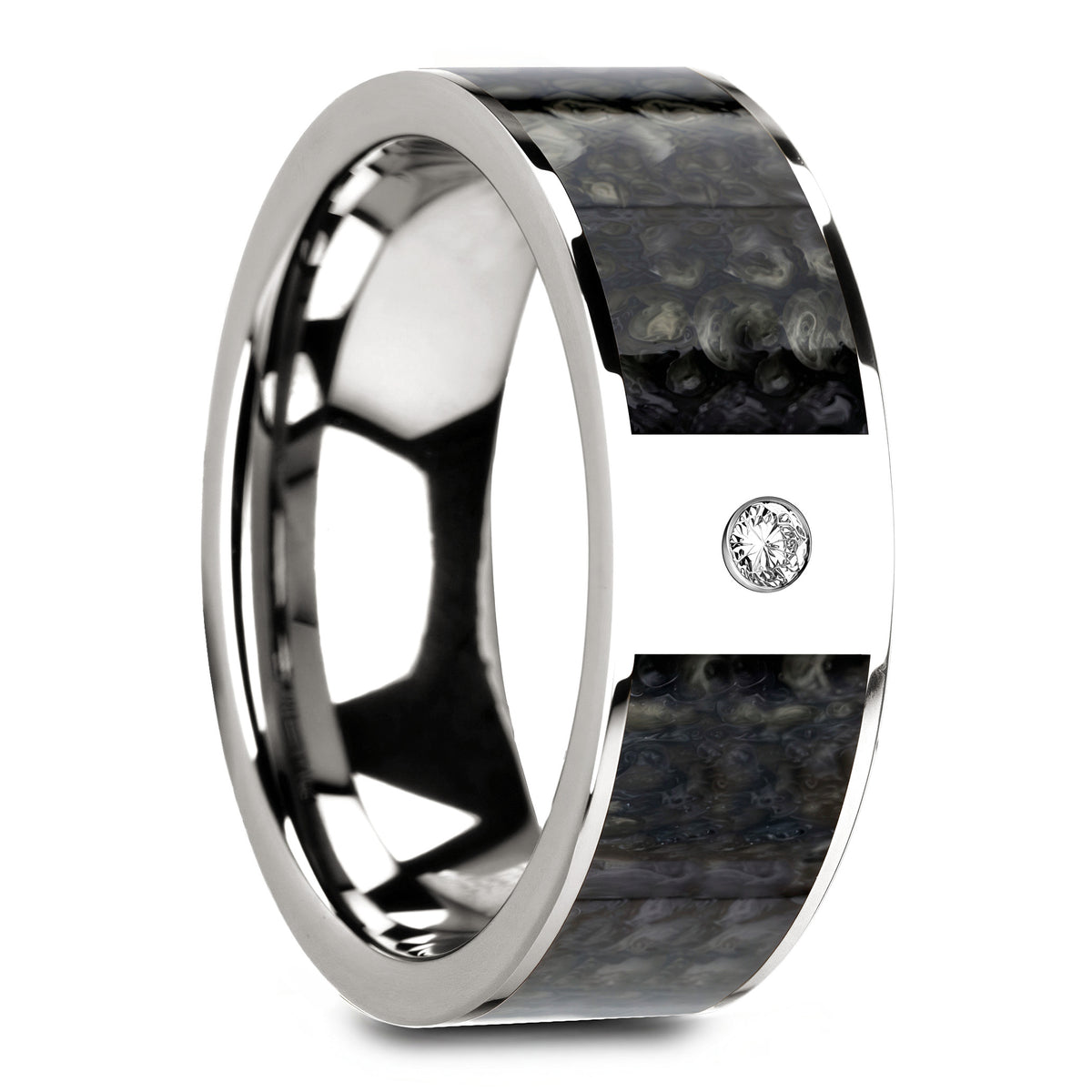 Alianza de oro amarillo de 14 k para hombre con incrustaciones de hueso de dinosaurio azul y diamante