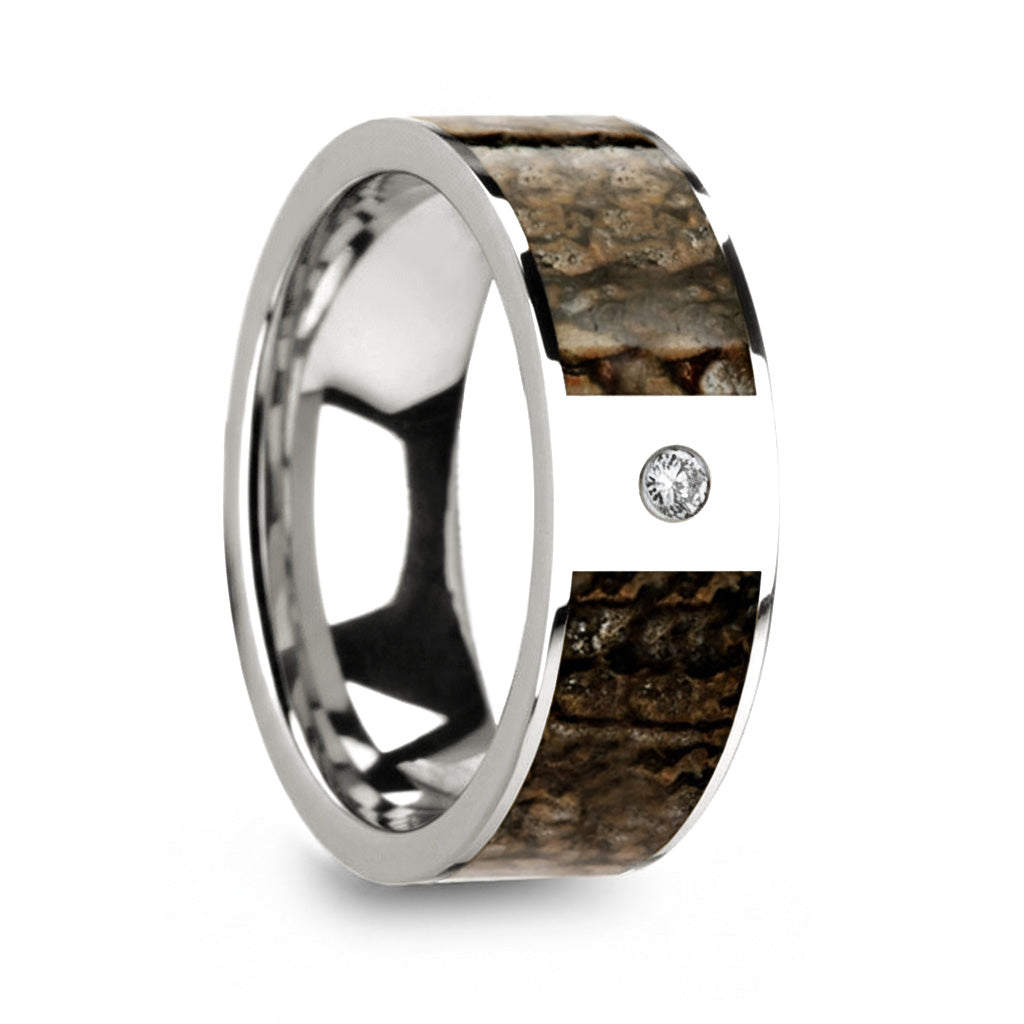 Alianza de oro amarillo de 14 k para hombre con incrustaciones de hueso de dinosaurio marrón y diamante