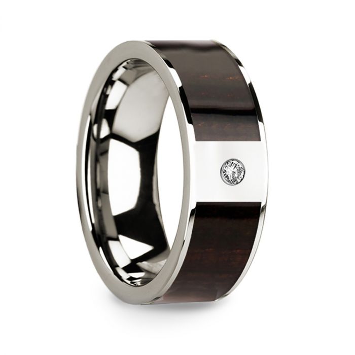 14k White Gold Men's Wedding Band with Ebony Wood Inlay & Diamond