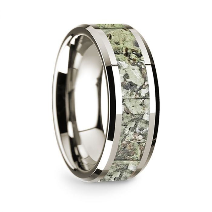 14k White Gold Men's Wedding Band with Green Dinosaur Bone Inlay