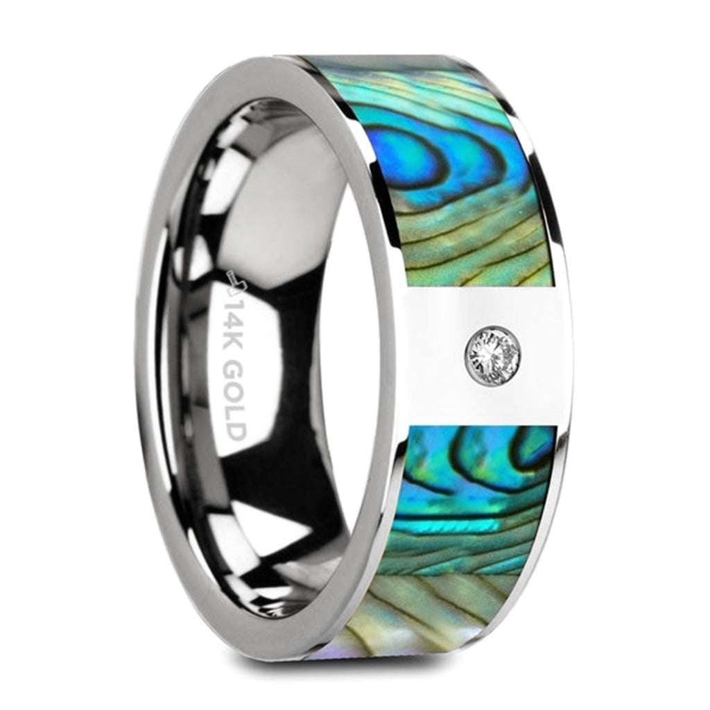 14k Gold Men's Wedding Band with Mother of Pearl Inlay & Diamond
