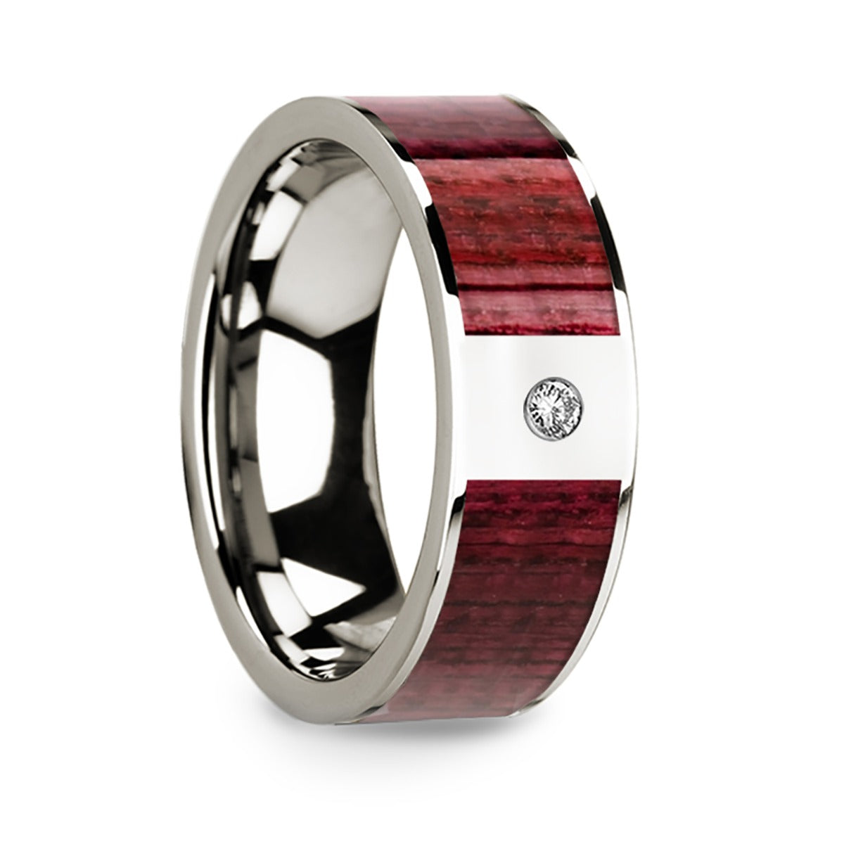 14k White Gold Men's Wedding Band with Purpleheart Wood Inlay & Diamond