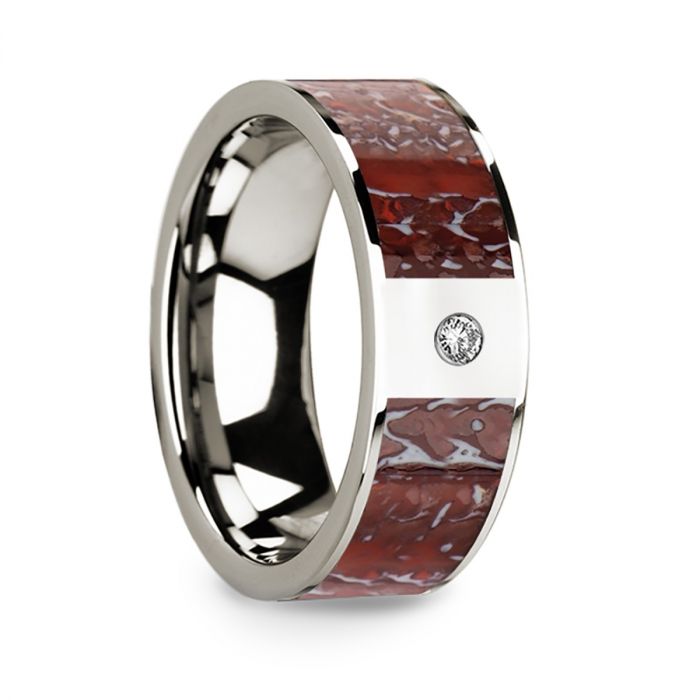 14k White Gold Men's Wedding Band with Red Dinosaur Bone Inlay & Diamond