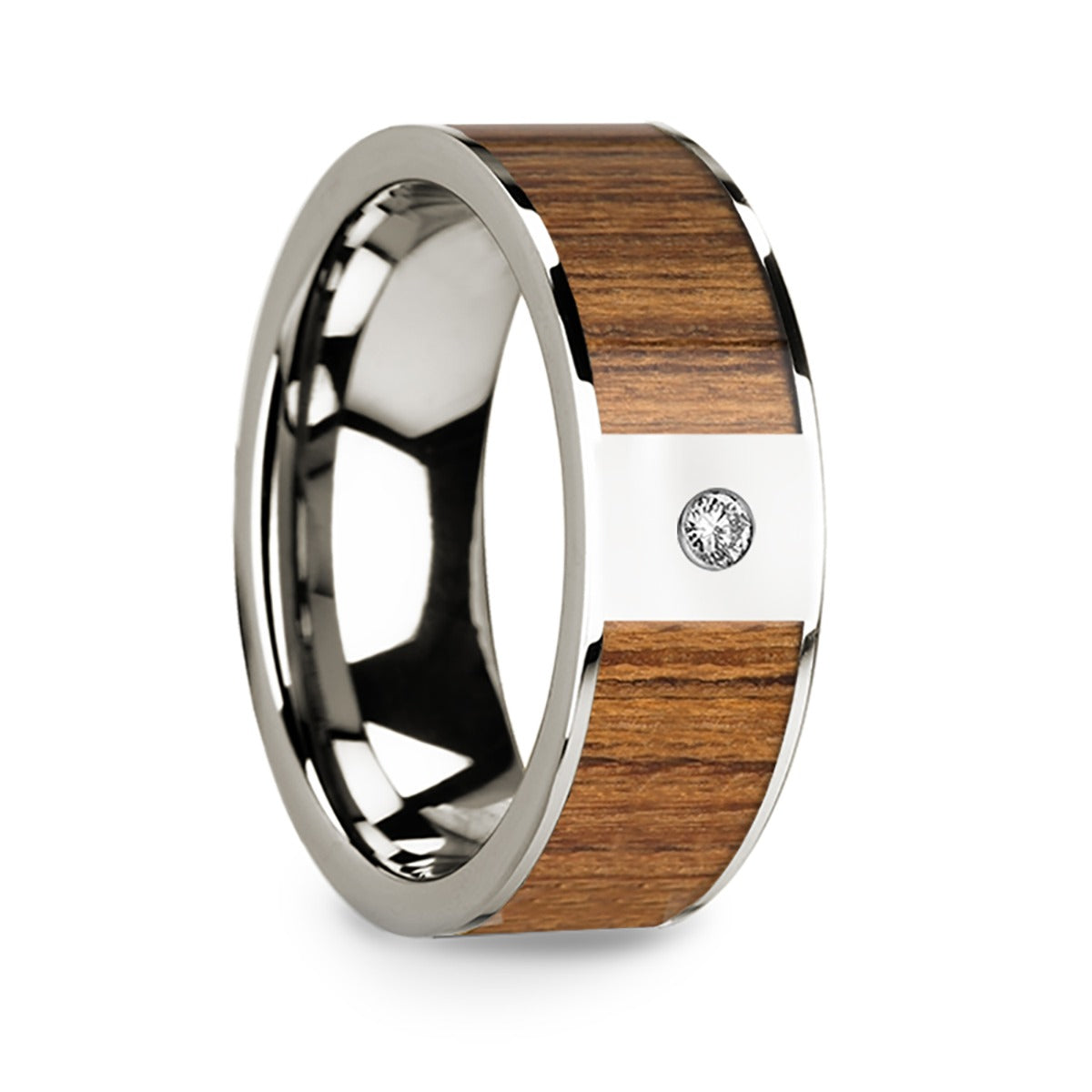 14k White Gold Men's Wedding Band with Teak Wood Inlay & Diamond