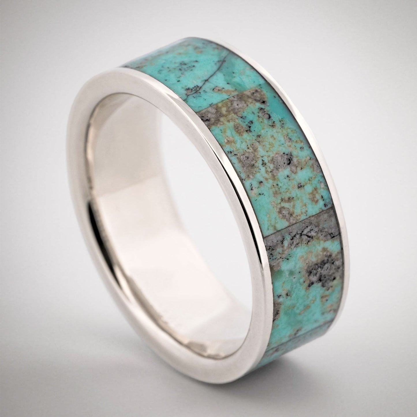 14k White Gold Men's Wedding Band with Turquoise Inlay