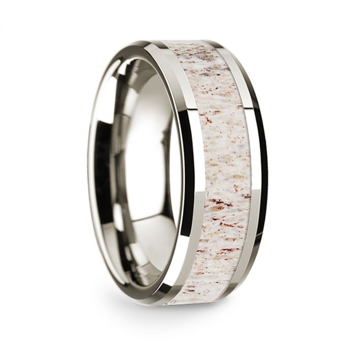 14k White Gold Men's Wedding Band with White Deer Antler Inlay