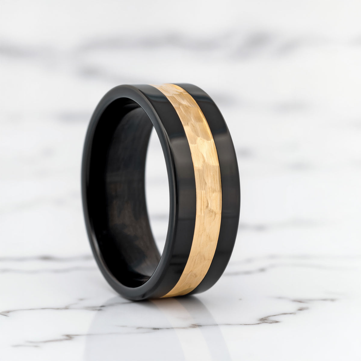 14k Gold Inlay Hammered Zirconium Wedding Band