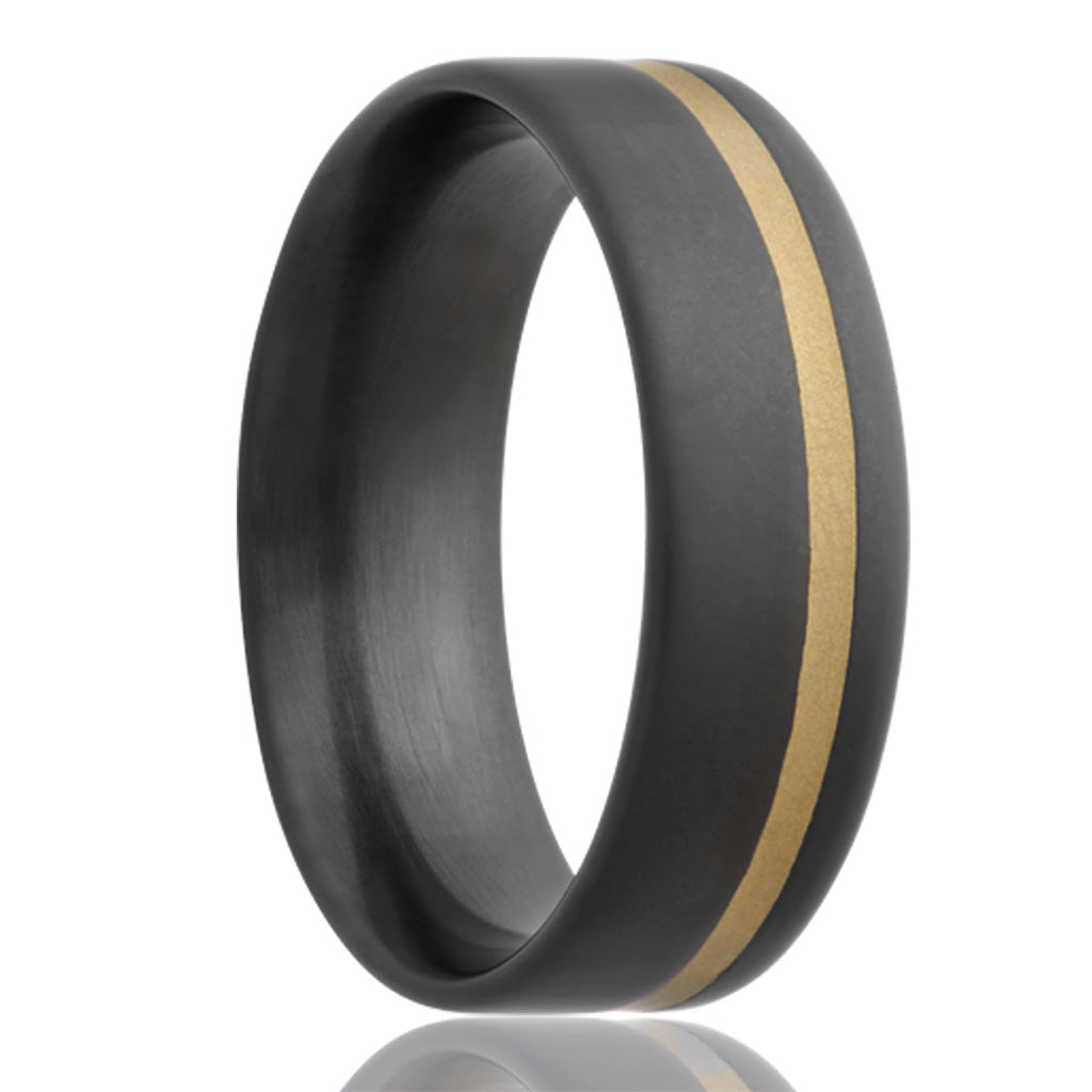 Alianza de boda de circonio arenado con incrustaciones de oro amarillo de 14 k