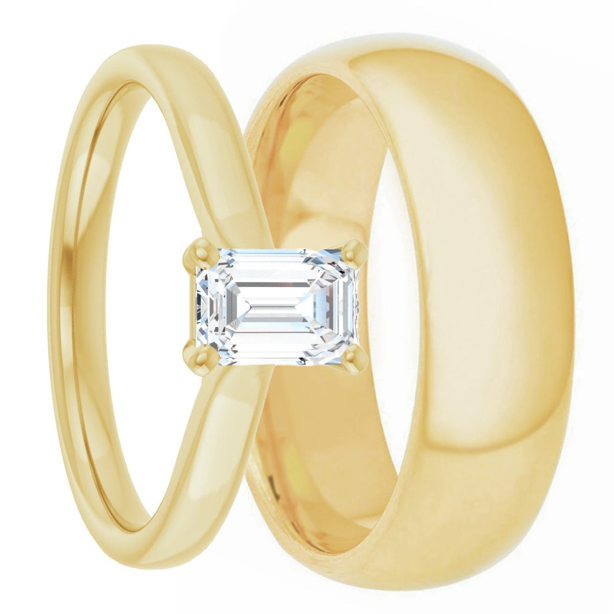 Ensemble d'alliances assorties pour couple en or jaune 14 carats et diamants taille émeraude créés en laboratoire