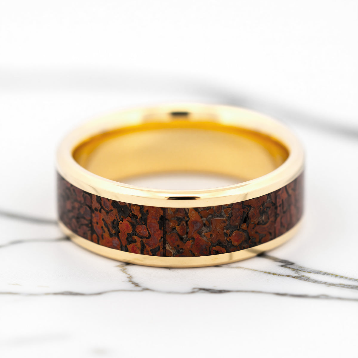 14k Gold Men's Wedding Band with Red Dinosaur Bone Inlay