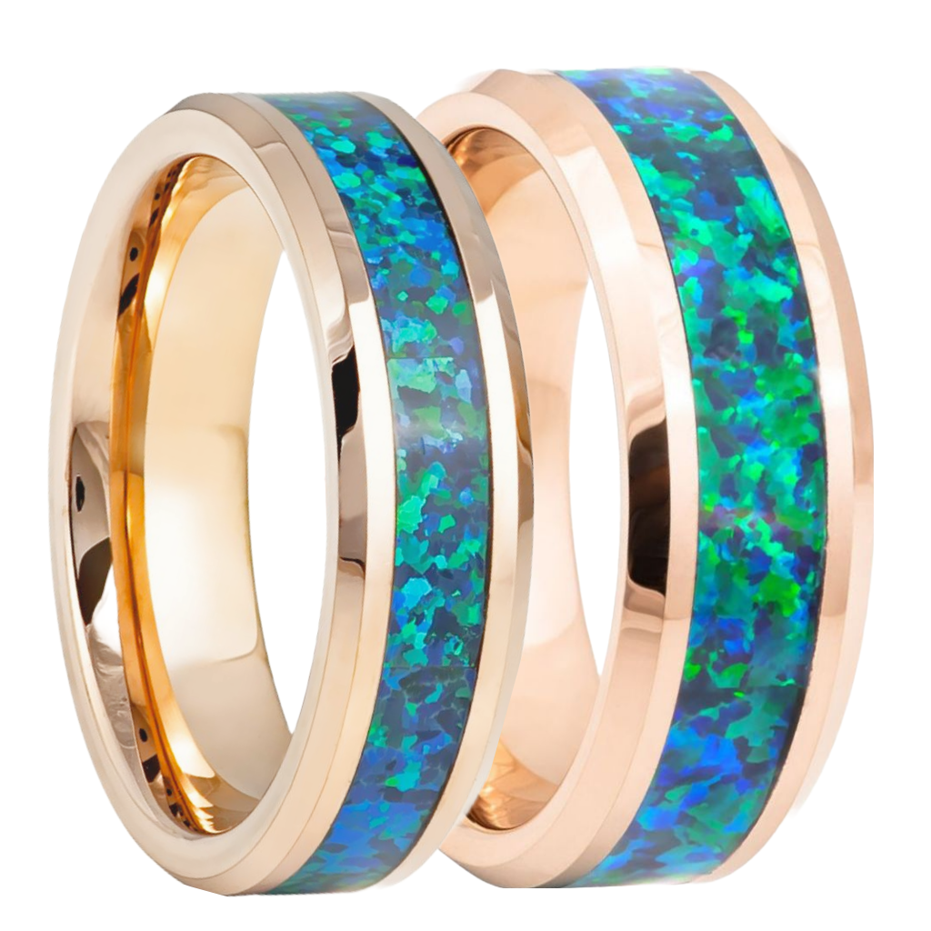 Blue Opal Inlaid Rose Gold Tungsten Couple's Matching Wedding Band Set