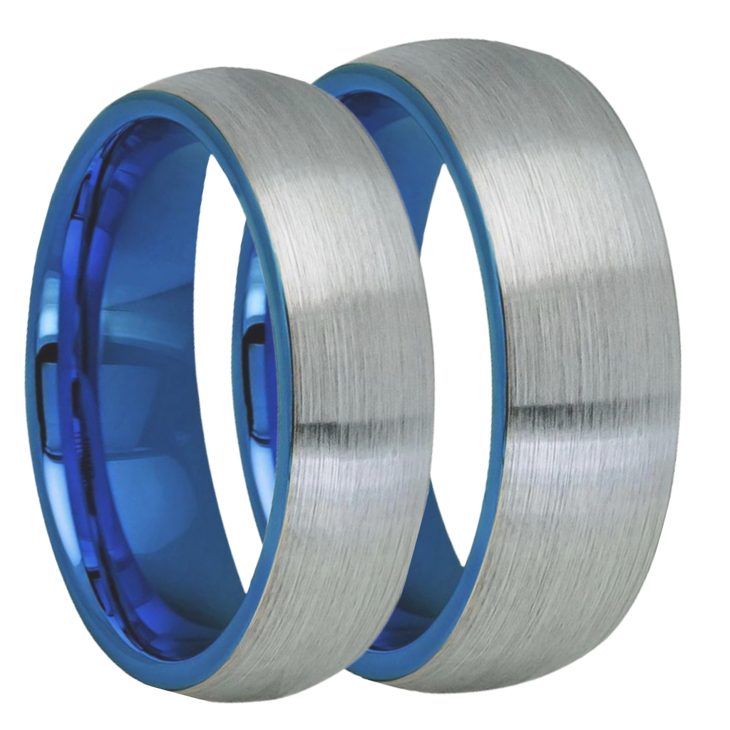 Domed Brushed Tungsten Couple's Matching Wedding Band Set with Contrasting Blue Interior