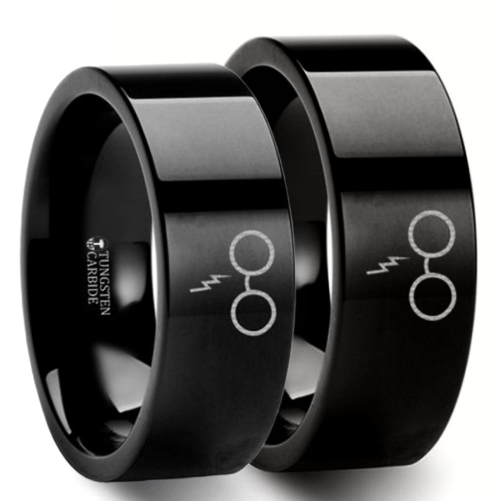 Harry Potter Glasses Lightning Bolt Black Tungsten Couple's Matching Wedding Band Set