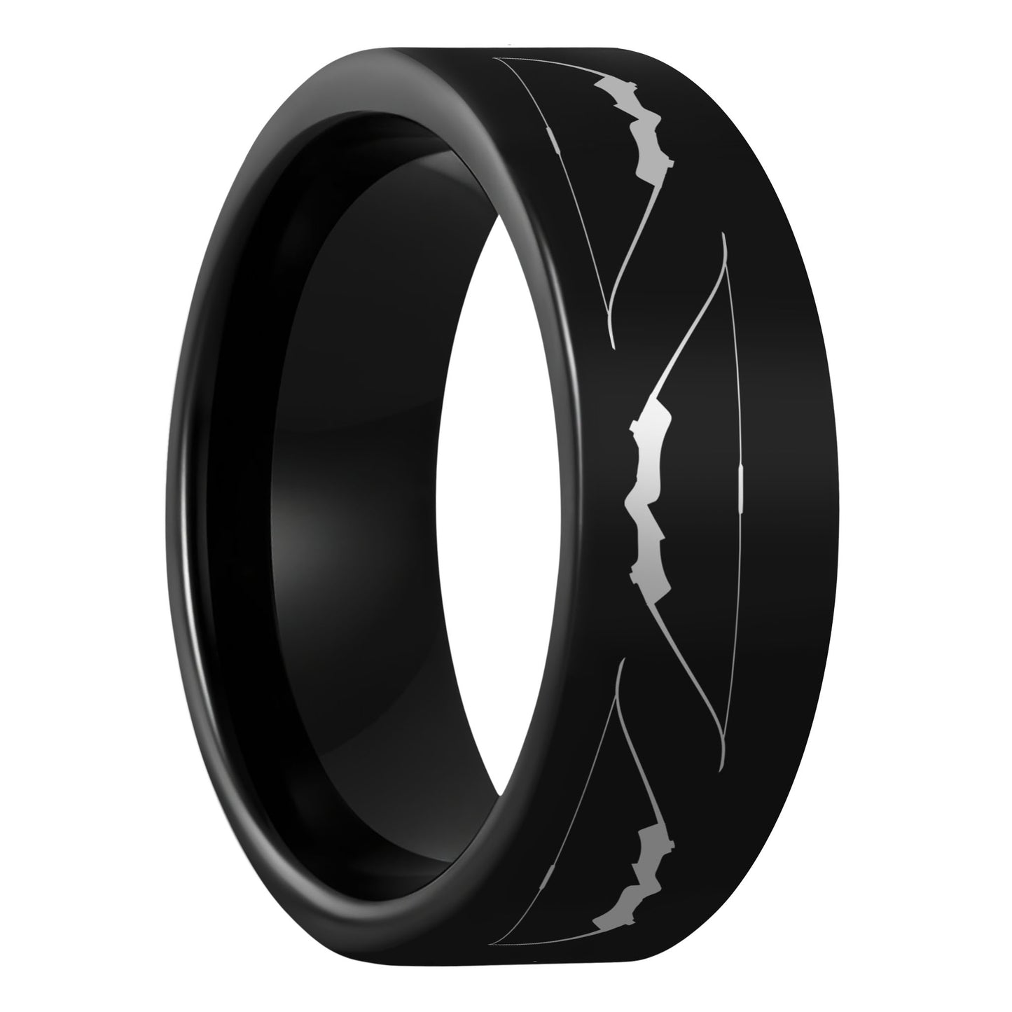 One Archery Bow Black Tungsten Men's Wedding Band displayed on a plain white background