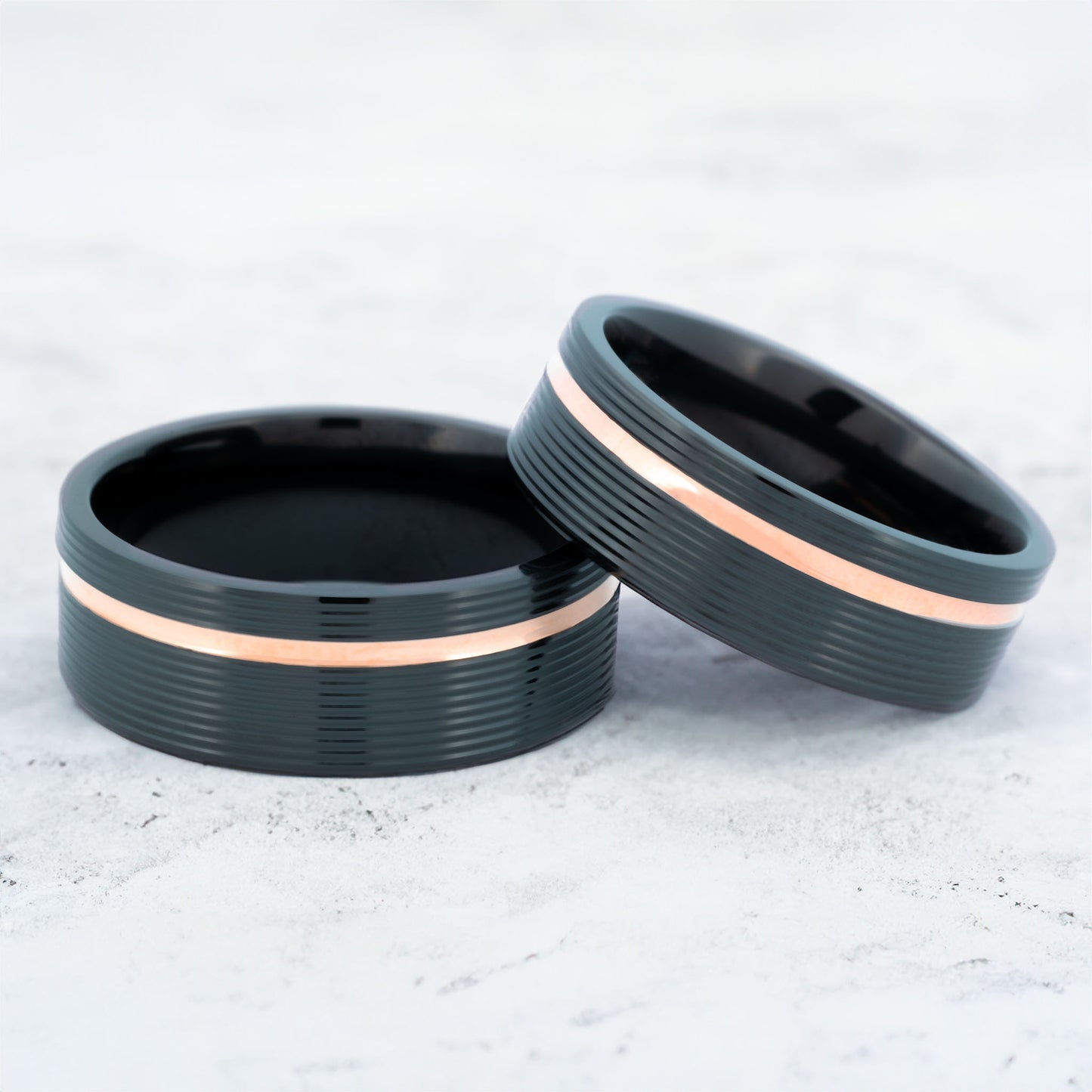 Asymmetrical 14k Rose Gold Inlay Grooved Zirconium Wedding Band