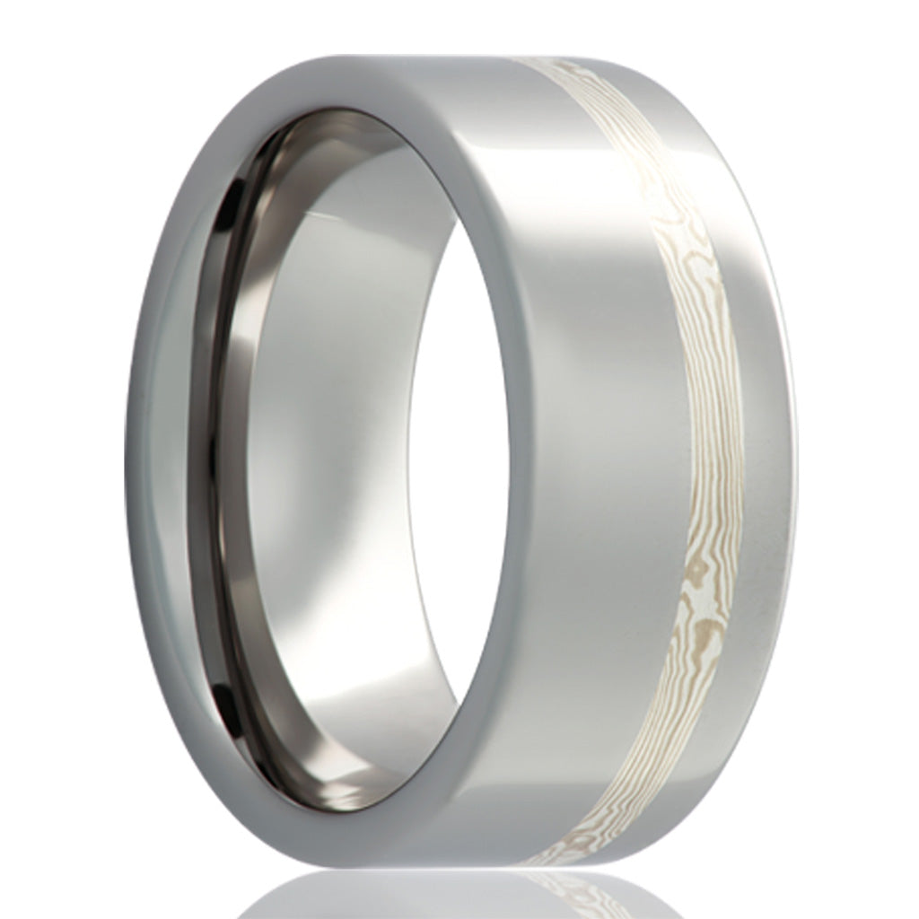 14k White Gold & Sterling Silver Mokume Gane Inlay Tungsten Wedding Band
