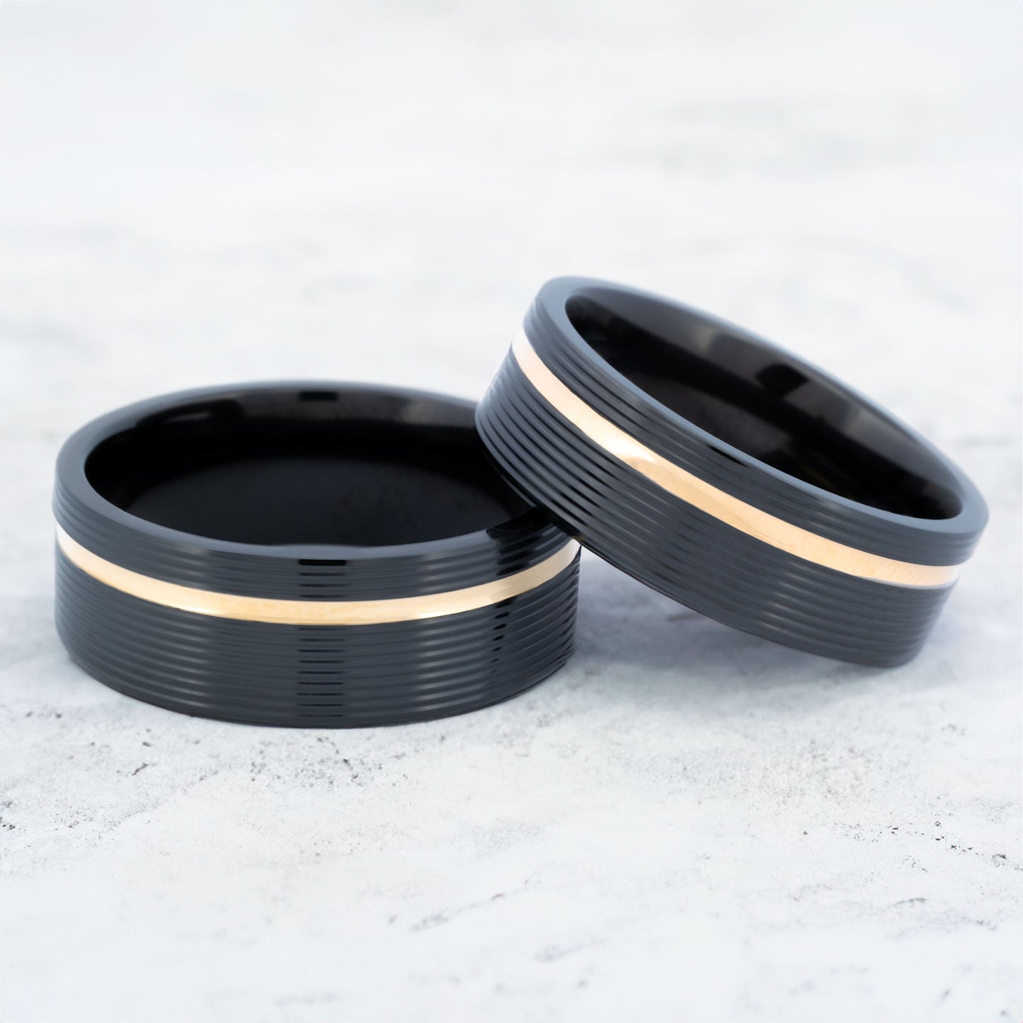 Asymmetrical 14k Yellow Gold Inlay Grooved Zirconium Wedding Band