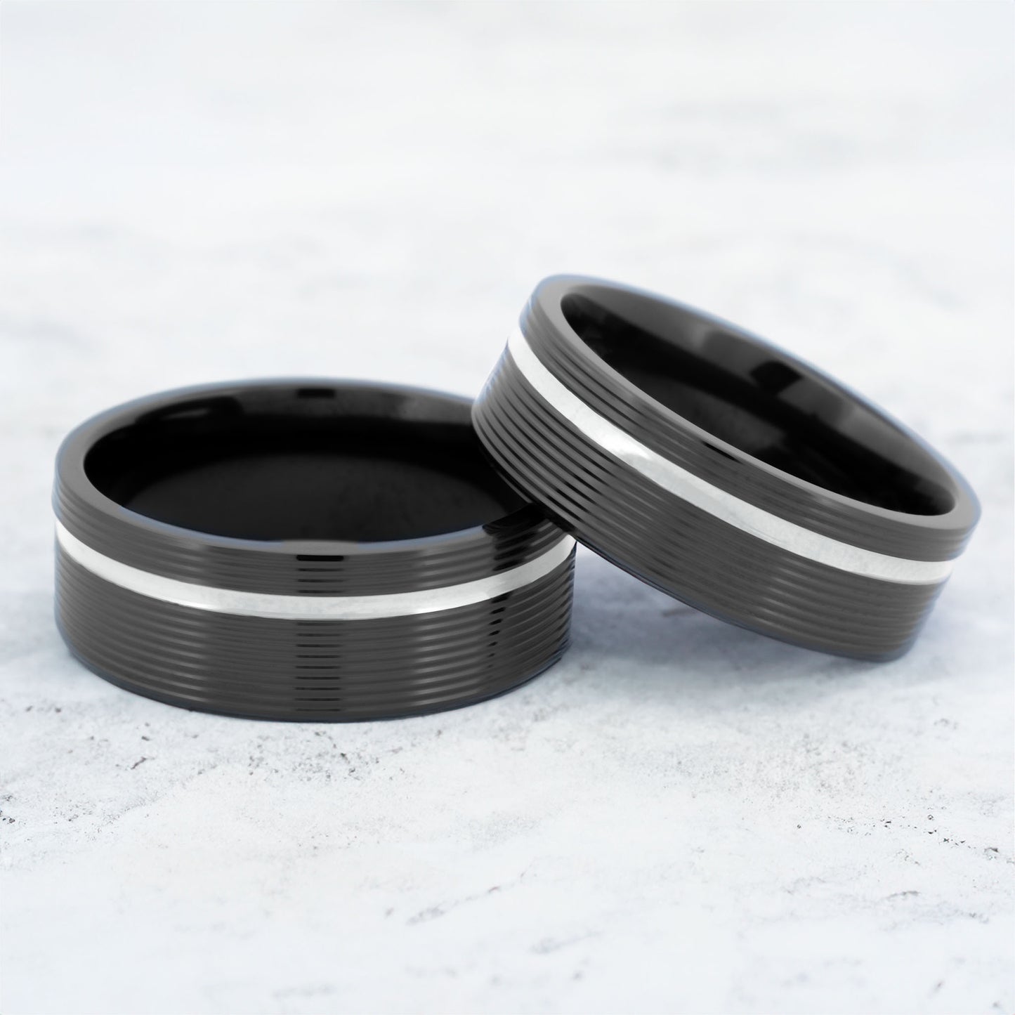 Asymmetrical Platinum Grooved Zirconium Couple's Matching Wedding Band Set