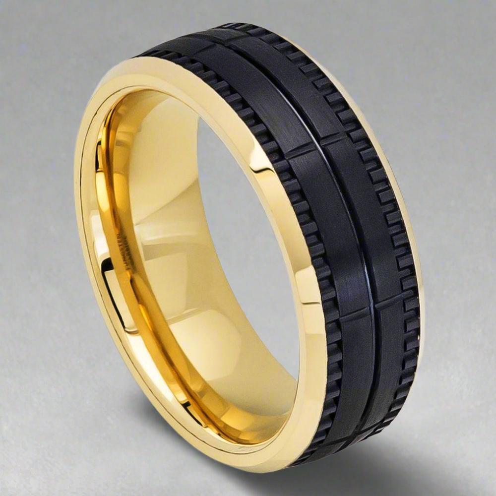 Grooved Yellow Gold & Black Tungsten Men's Wedding Band