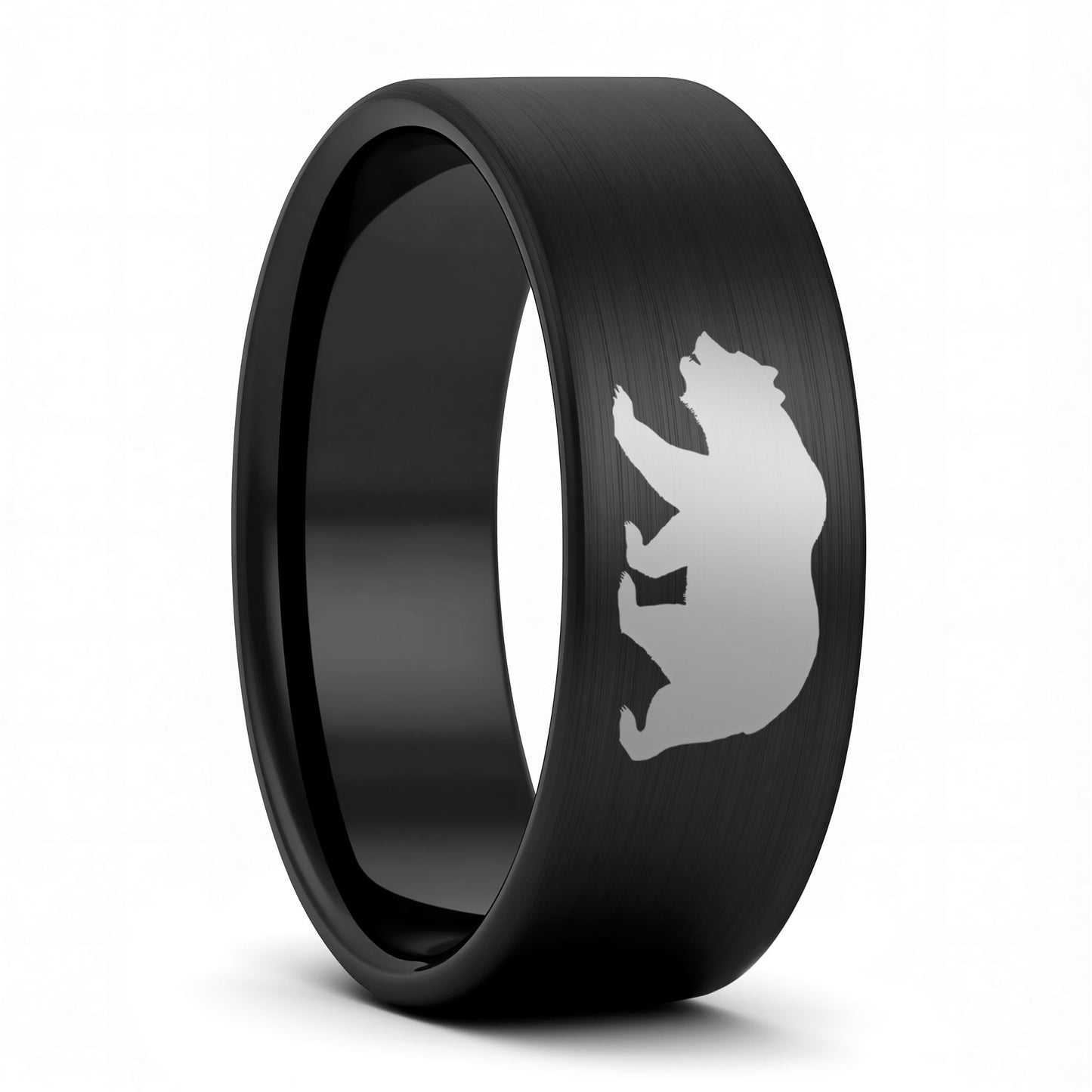 A bear brushed black tungsten men's wedding band displayed on a plain white background.