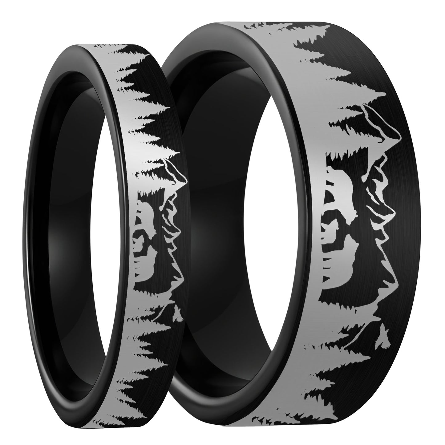 Bear & Cubs Landscape Scene Brushed Black Tungsten Couple's Matching Wedding Band Set