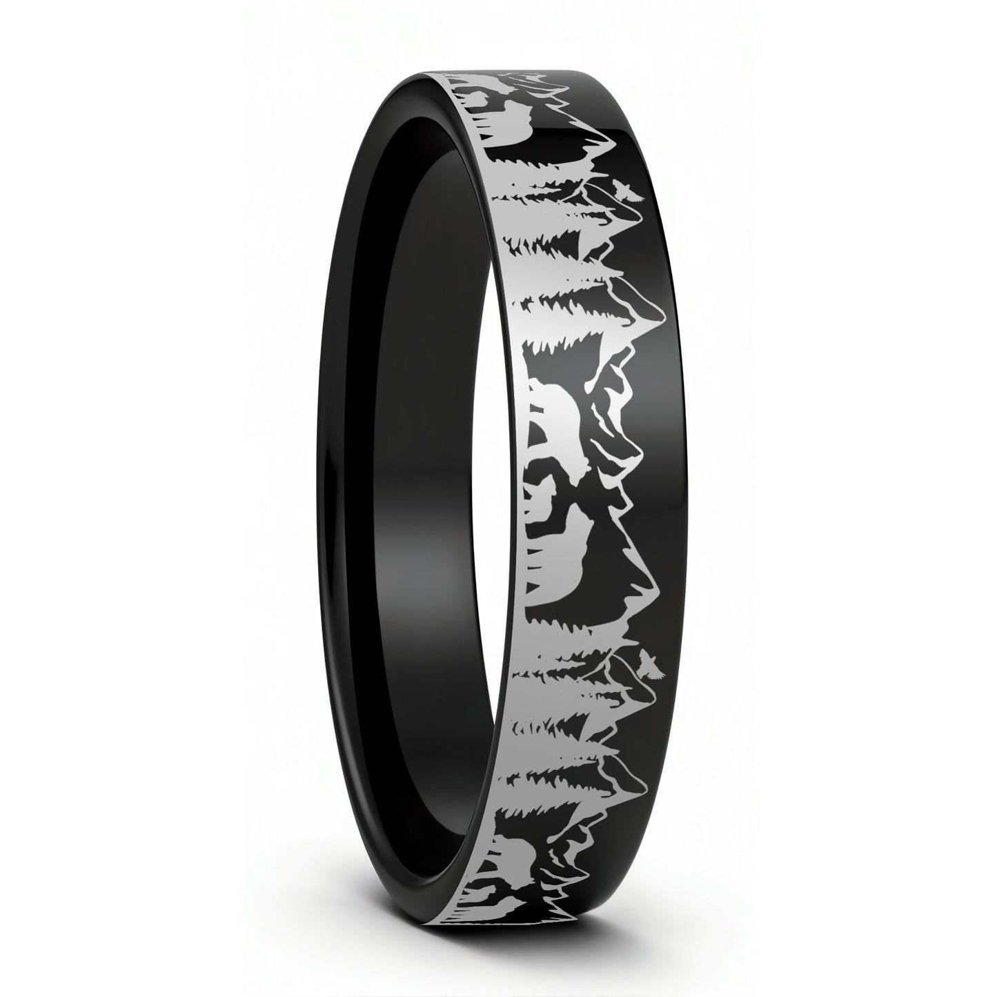 Bear & Cubs Landscape Scene Tungsten Men's Wedding Band