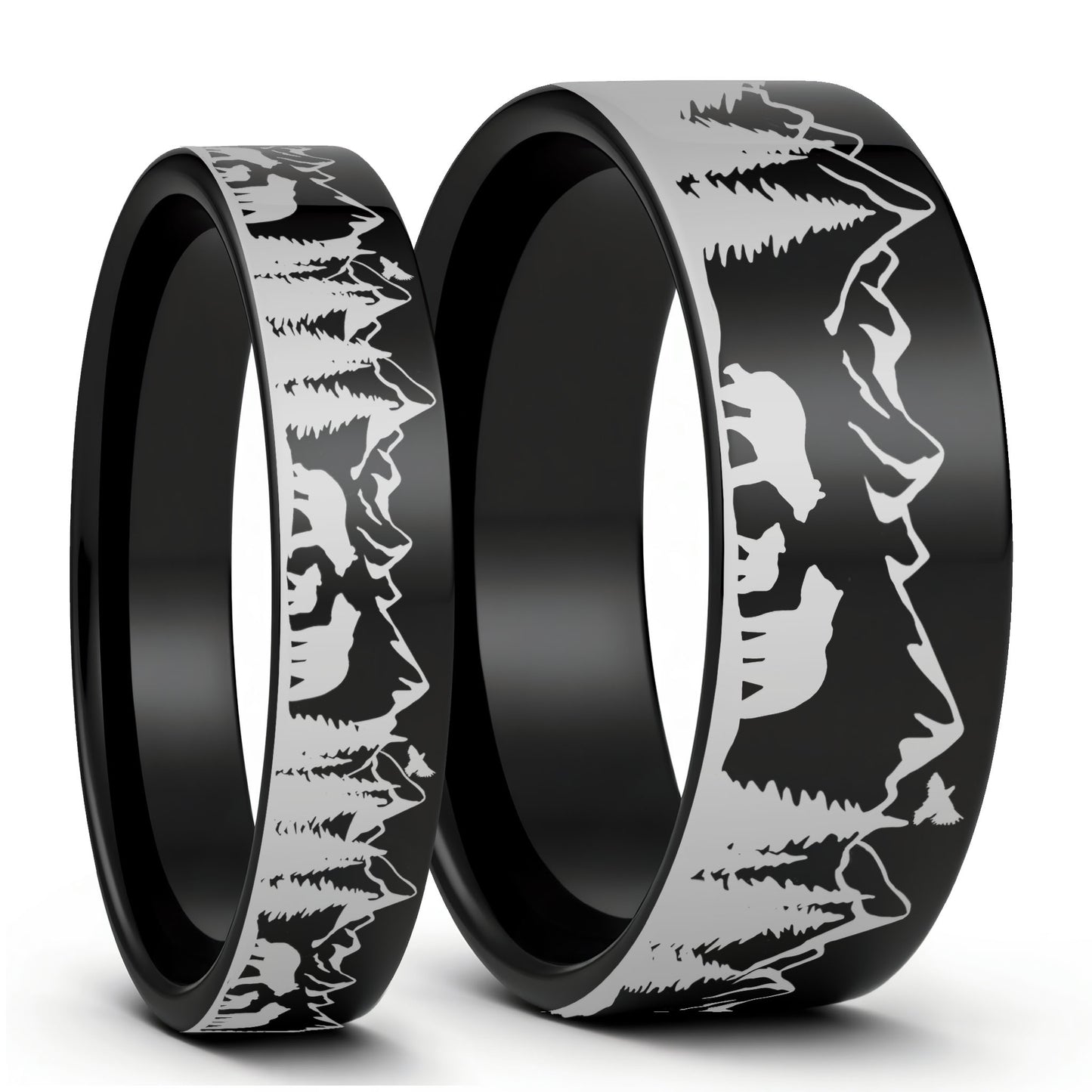 Scène de paysage avec ours gravé alliance en tungstène noir