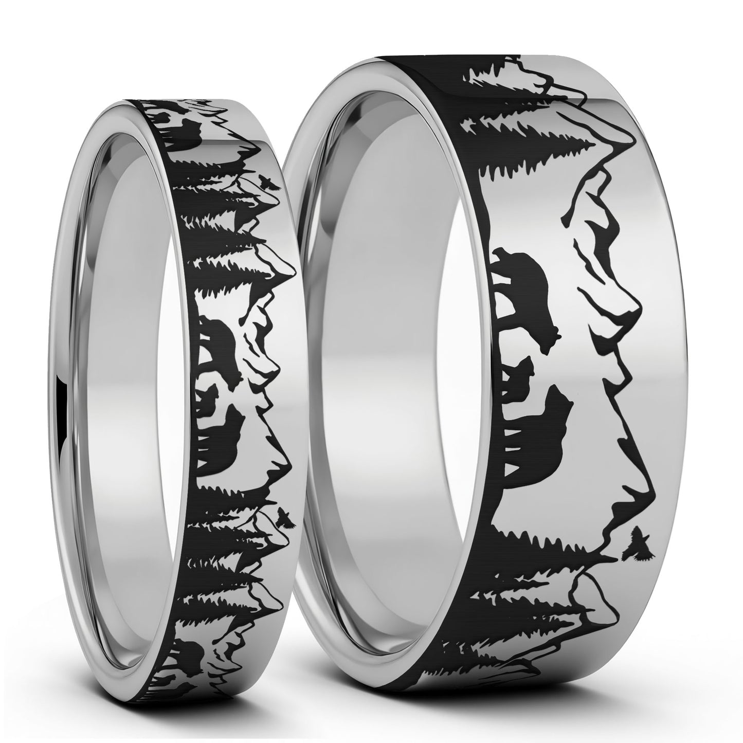 Bear & Cubs Landscape Scene Tungsten Couple's Matching Wedding Band Set