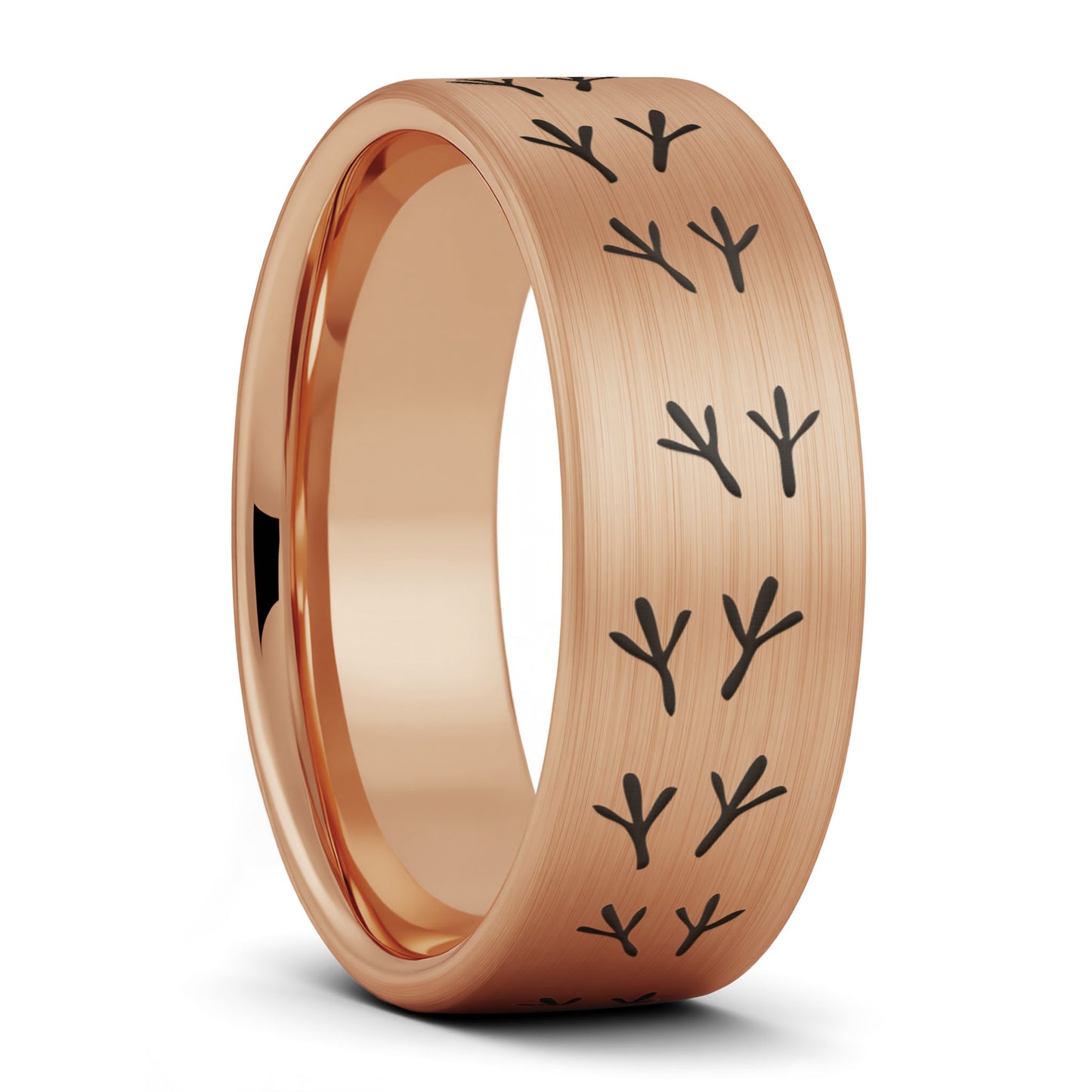 A bird tracks brushed rose gold tungsten men's wedding band displayed on a plain white background.