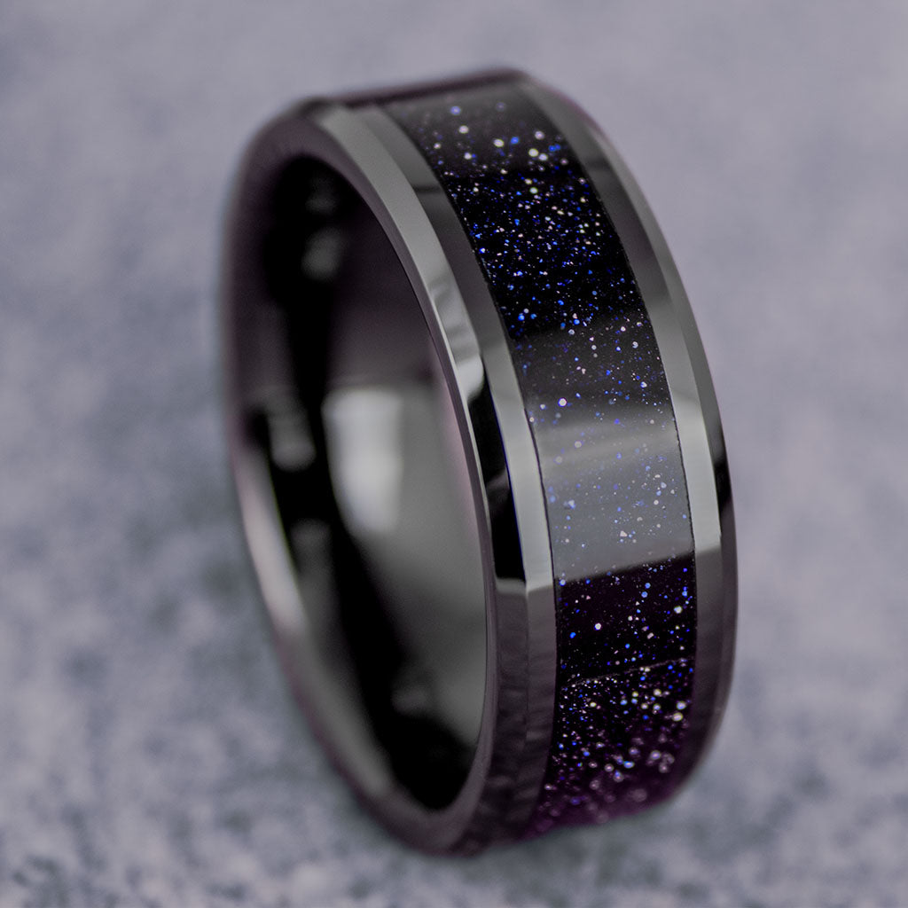 Black Ceramic Polished Men's Wedding Band with Purple Goldstone Inlay