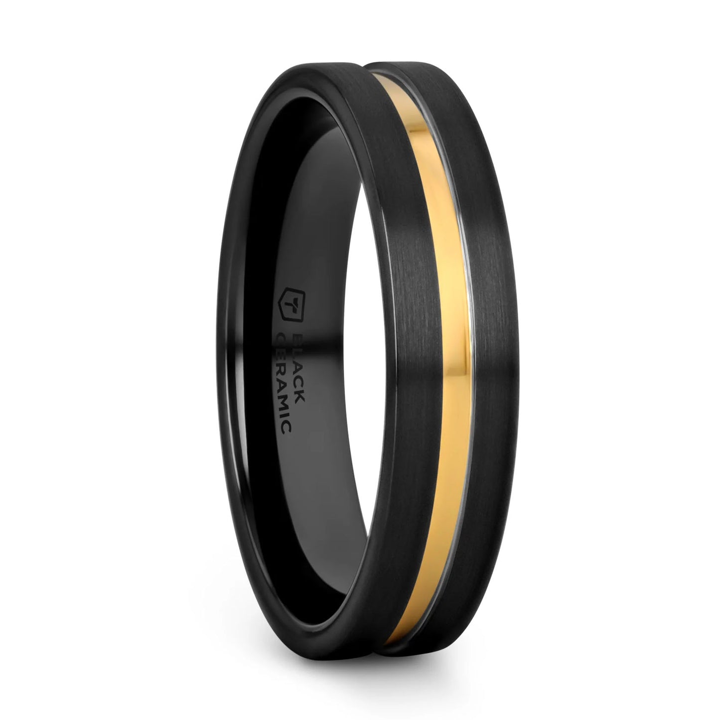 Black Ceramic Men's Wedding Band With Yellow Gold Groove