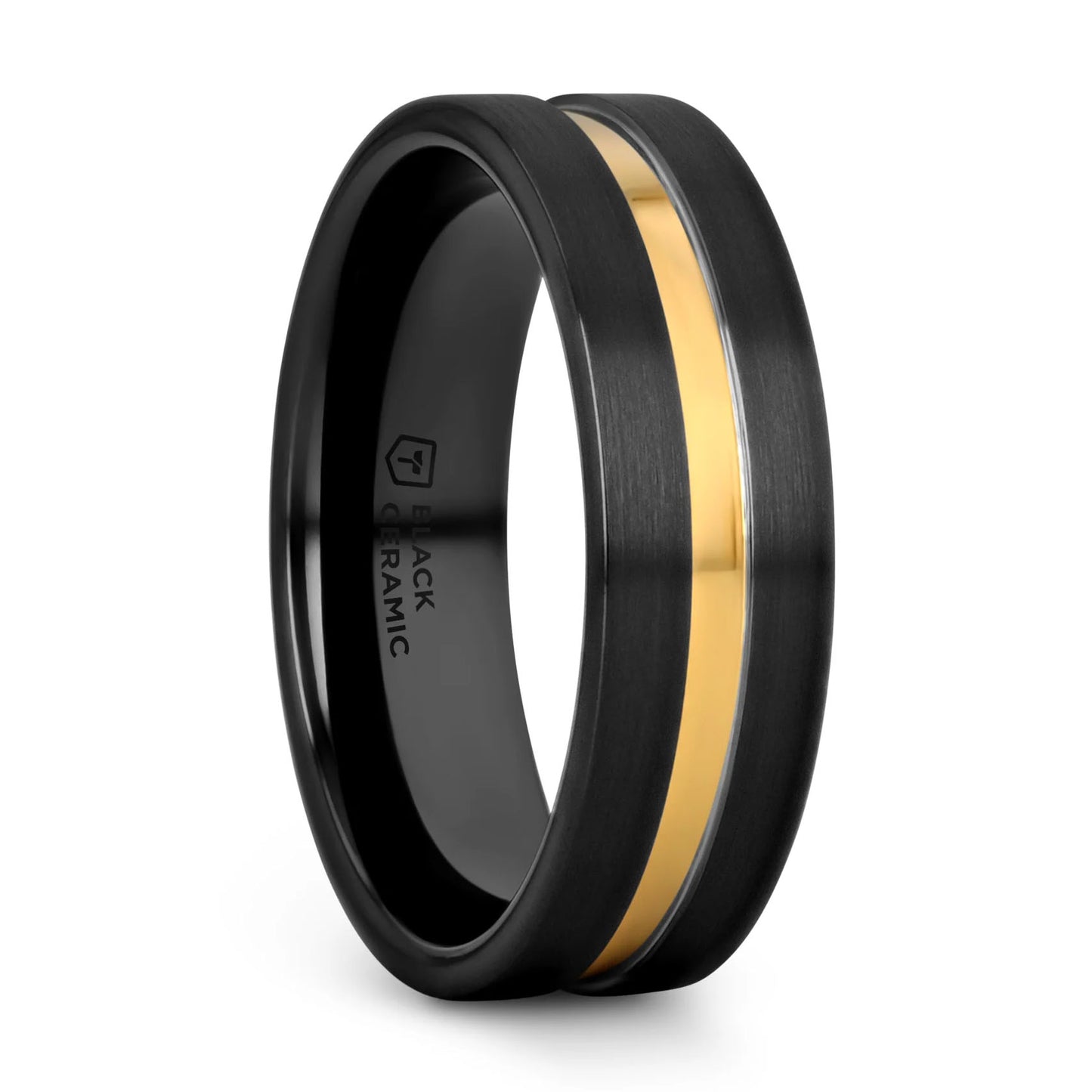 Black Ceramic Women's Wedding Band With Yellow Gold Groove