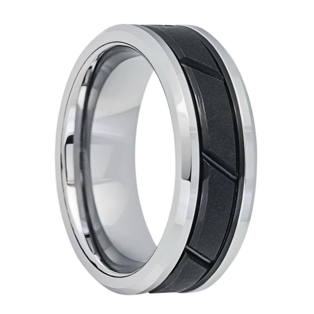 Black Inlay Diagonal Grooved Tungsten Men's Wedding Band
