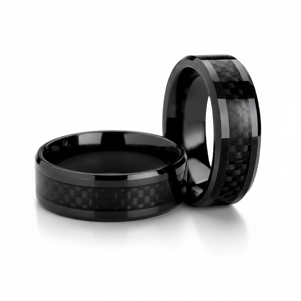 Black Titanium Couple's Matching Wedding Band Set with Black Carbon Fiber Inlay