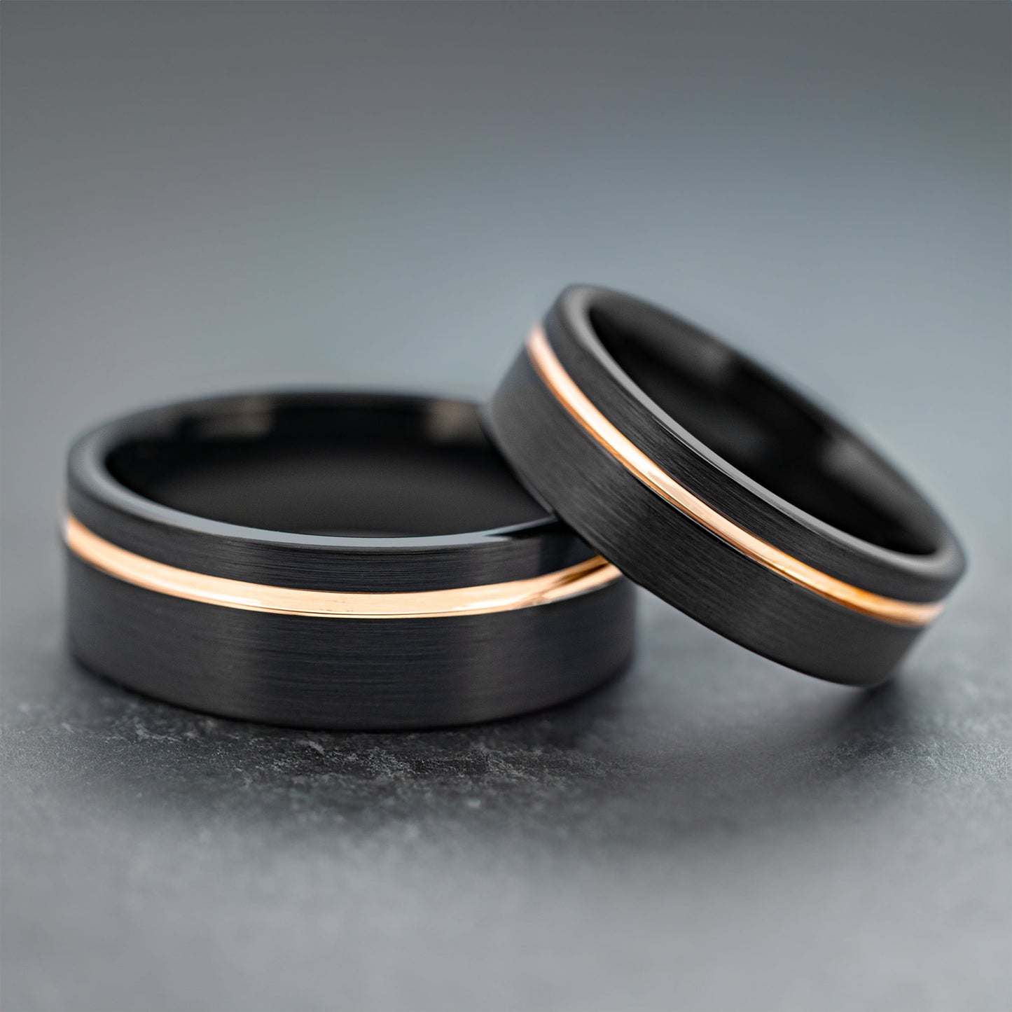 Black Tungsten Couple's Matching Wedding Band Set with Asymmetrical Rose Gold Groove