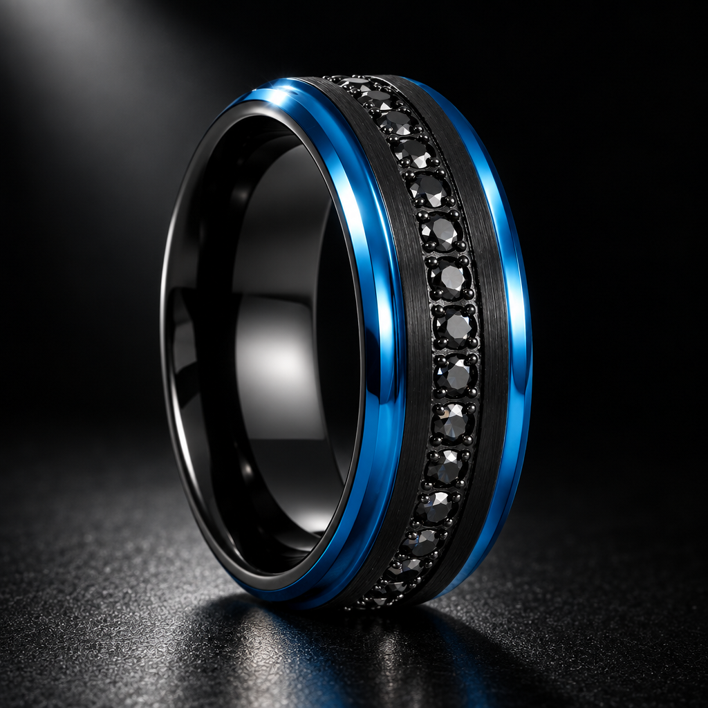 Black Tungsten Men's Wedding Band with Black Cubic Zirconia & Blue Edges