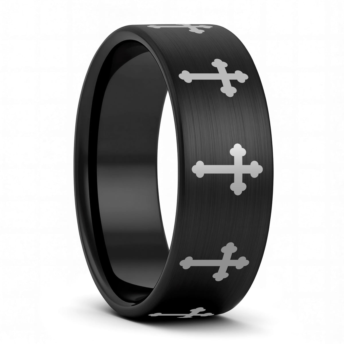 Black Tungsten Men's Wedding Band with Engraved Crosses