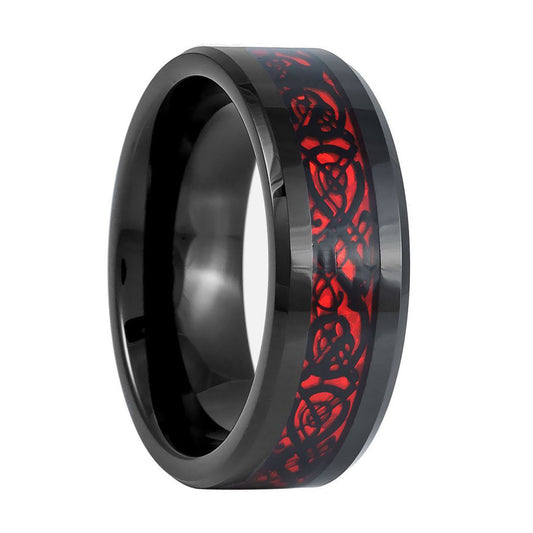 Black Tungsten Men's Wedding Band with Red Celtic Dragon Inlay