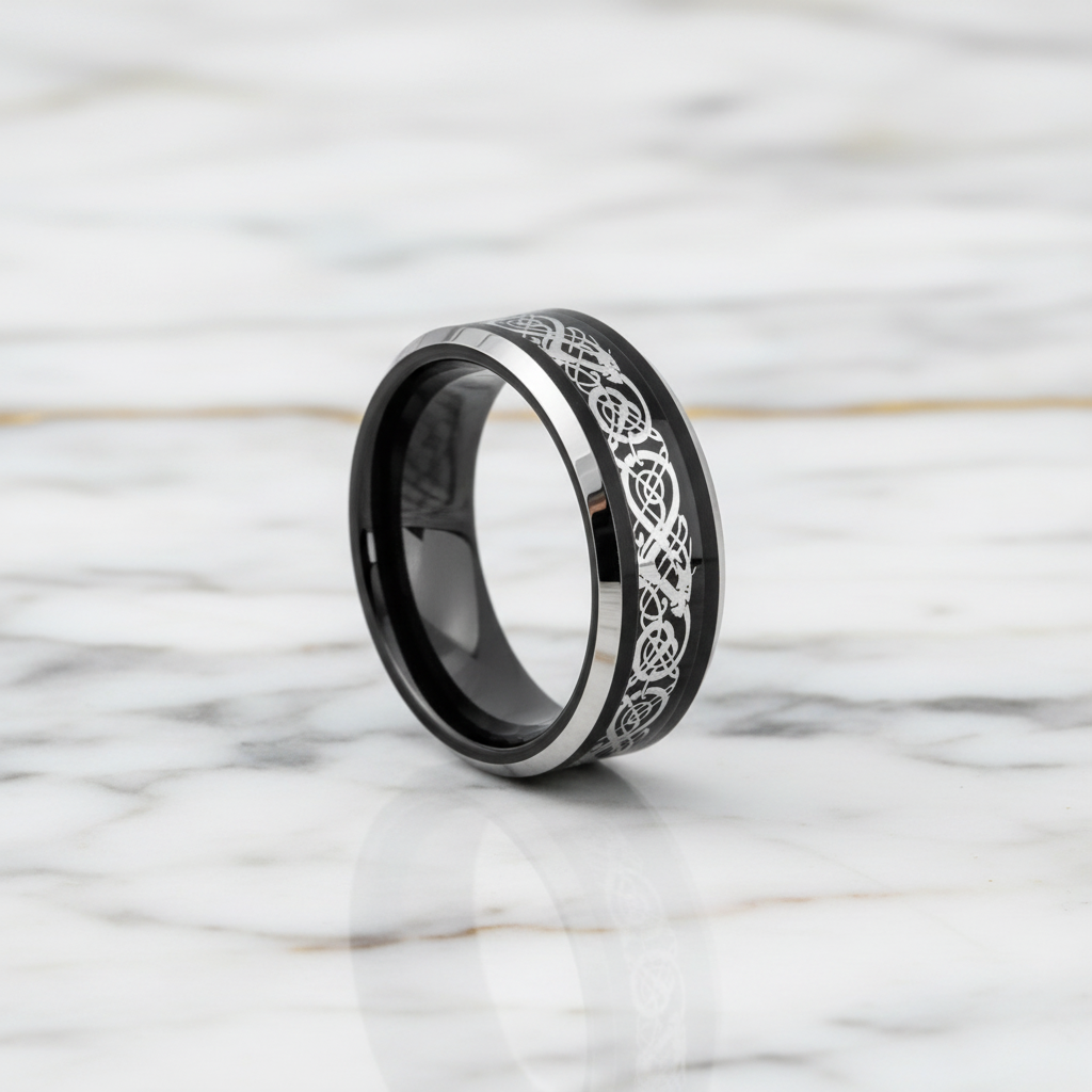 Black Tungsten Men's Wedding Band with Silver Celtic Dragon Inlay