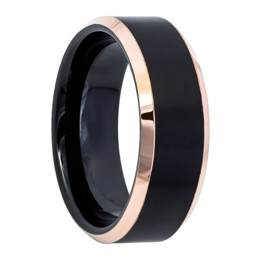 Black Tungsten Women's Wedding Band with Beveled Rose Gold Edges