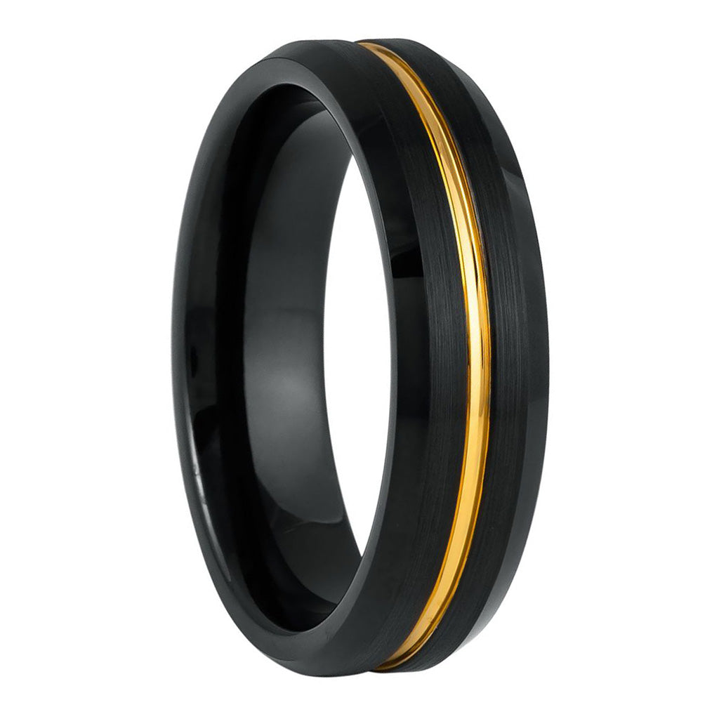 Alianza de boda de tungsteno negro para hombre con ranura dorada
