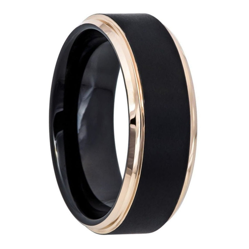 Black Tungsten Women's Wedding Band with Stepped Rose Gold Edges