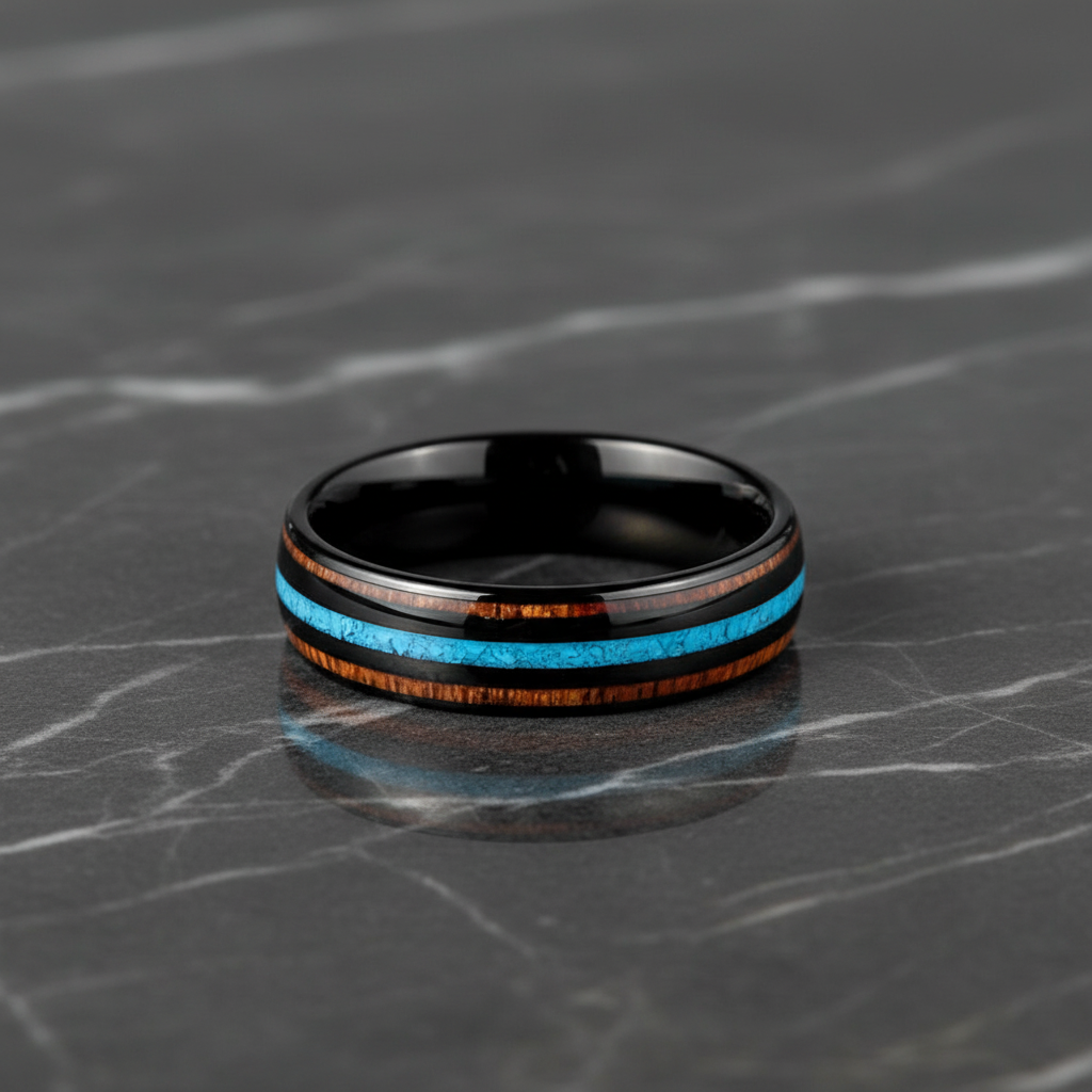 Black Tungsten Men's Wedding Band with Koa Wood & Crushed Turquoise Inlay