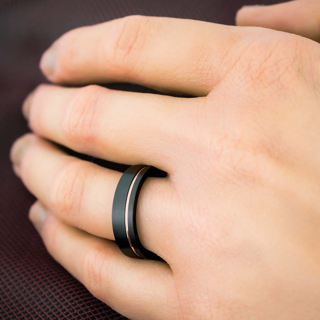 Black Tungsten Men's Wedding Band with Asymmetrical Rose Gold Groove